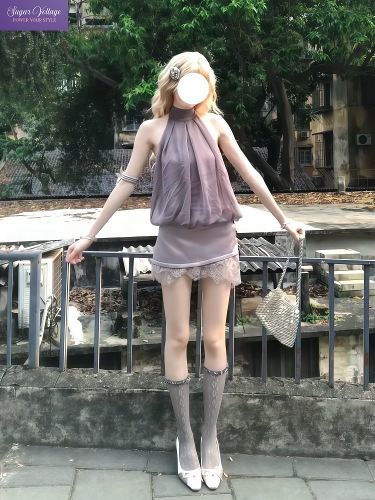 Elastic Lace Trim - ชุดเซ็ต 2 ชิ้น สไตล์โลลิต้าหวานๆ สำหรับผู้หญิง คอ