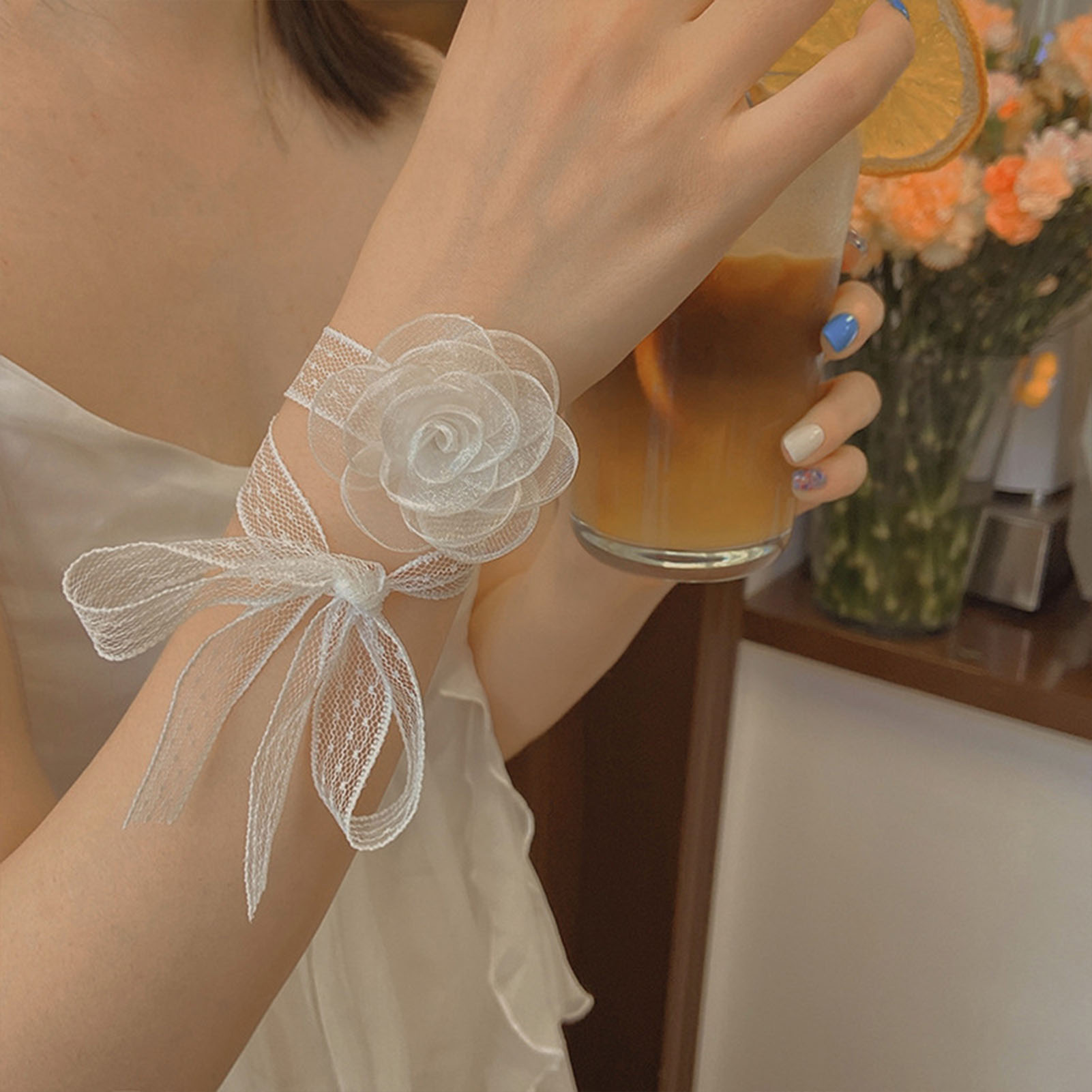 Lace Ribbon Trim - ที่คาดผมผูกโบว์ลูกไม้ประดับดอกกุหลาบ ปรับได้ ใช้สำหรับงานแต่งงาน เพื่อนเจ้าสาว ออกเดท ช้อปปิ้ง
