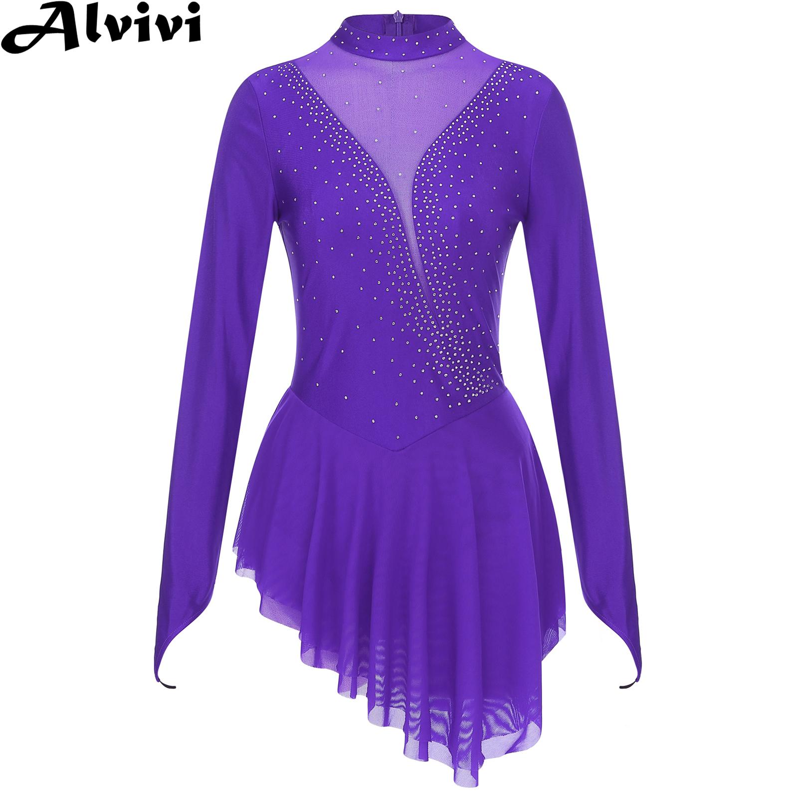 Rhinestone Banding Trim - รูปผู้หญิงสเก็ตน้ำแข็งยิมนาสติกชุดกระโปรงหลายชั้น Lyrical Dance บัลเล่ต์เครื่องแต่งกายแขนยาว Rhinestone เงา