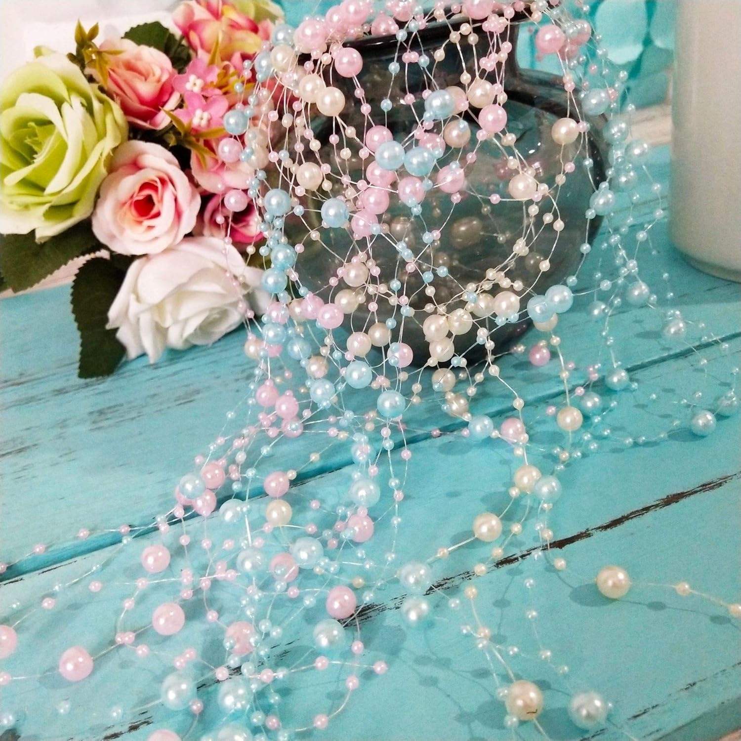 Pearl Trim Chain - 30/60 M 3-8 มม.สายตกปลาไข่มุกประดิษฐ์ดอกไม้ลูกปัด Garland ดอกไม้