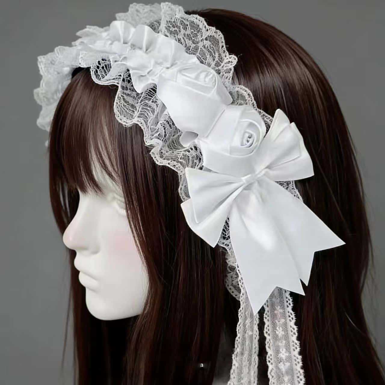 Tassel Fringe Trim - ที่คาดผมลูกไม้สไตล์โกธิคโลลิต้าสำหรับผู้หญิง โบว์ดอกกุหลาบผ้าซาตินสีดำขาวคู่ พร้อมพู่ห้อย ประดับผมสวยงามสำหรับคอสเพลย์