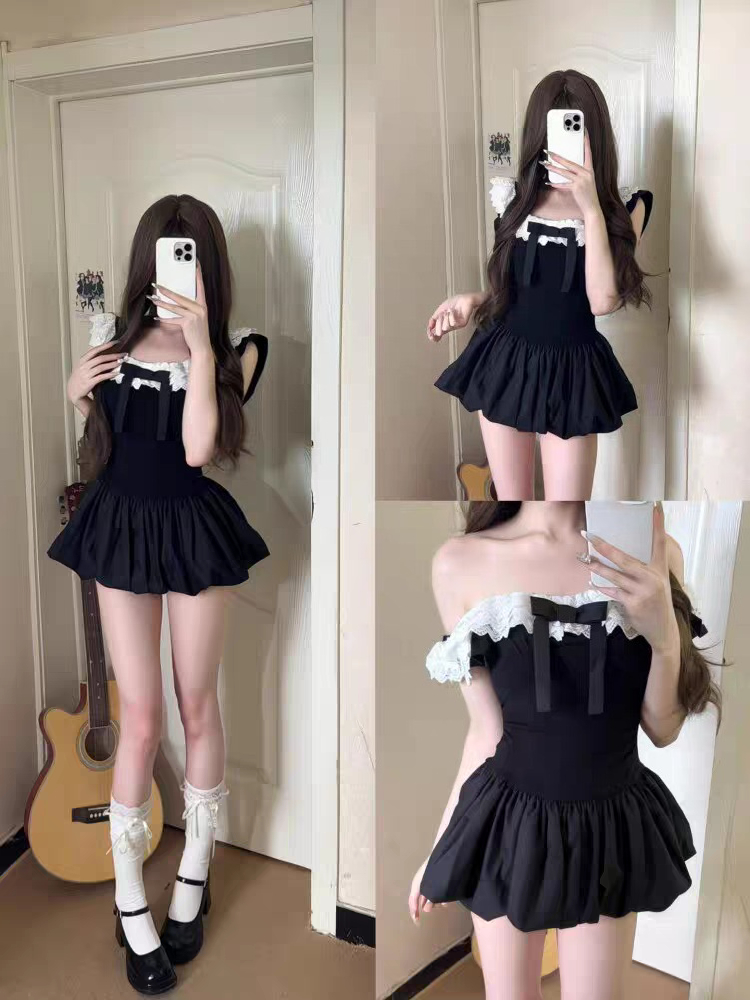 Elastic Lace Trim - ชุดเซ็ต 2 ชิ้น สไตล์เกาหลี เซ็กซี่ โชว์ไหล่