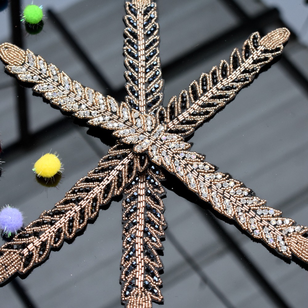 Beaded Trim Fringe - ใบยาว leaf handmade applique คริสตัล rhinestones