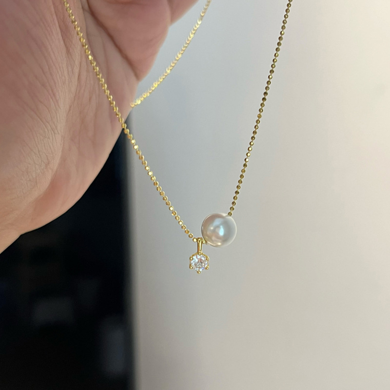 Pearl Trim Chain - สร้อยคอไข่มุกเงินแท้ 925 รูปทรงเรขาคณิต จี้เรียบง่ายสำหรับผู้หญิง สร้อยคอแบบโชคเกอร์ ของขวัญวันเกิด