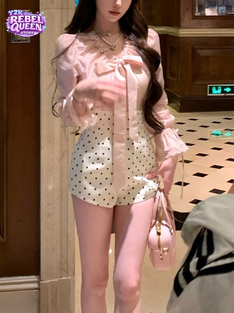 Elastic Lace Trim - ชุดเซ็ตสองชิ้นสไตล์เกาหลีหวานซ่อนเปรี้ยว ประดับลูกไม้ โบว์ผูก ผ้าซาติน เสื้อครอป ลายจุด