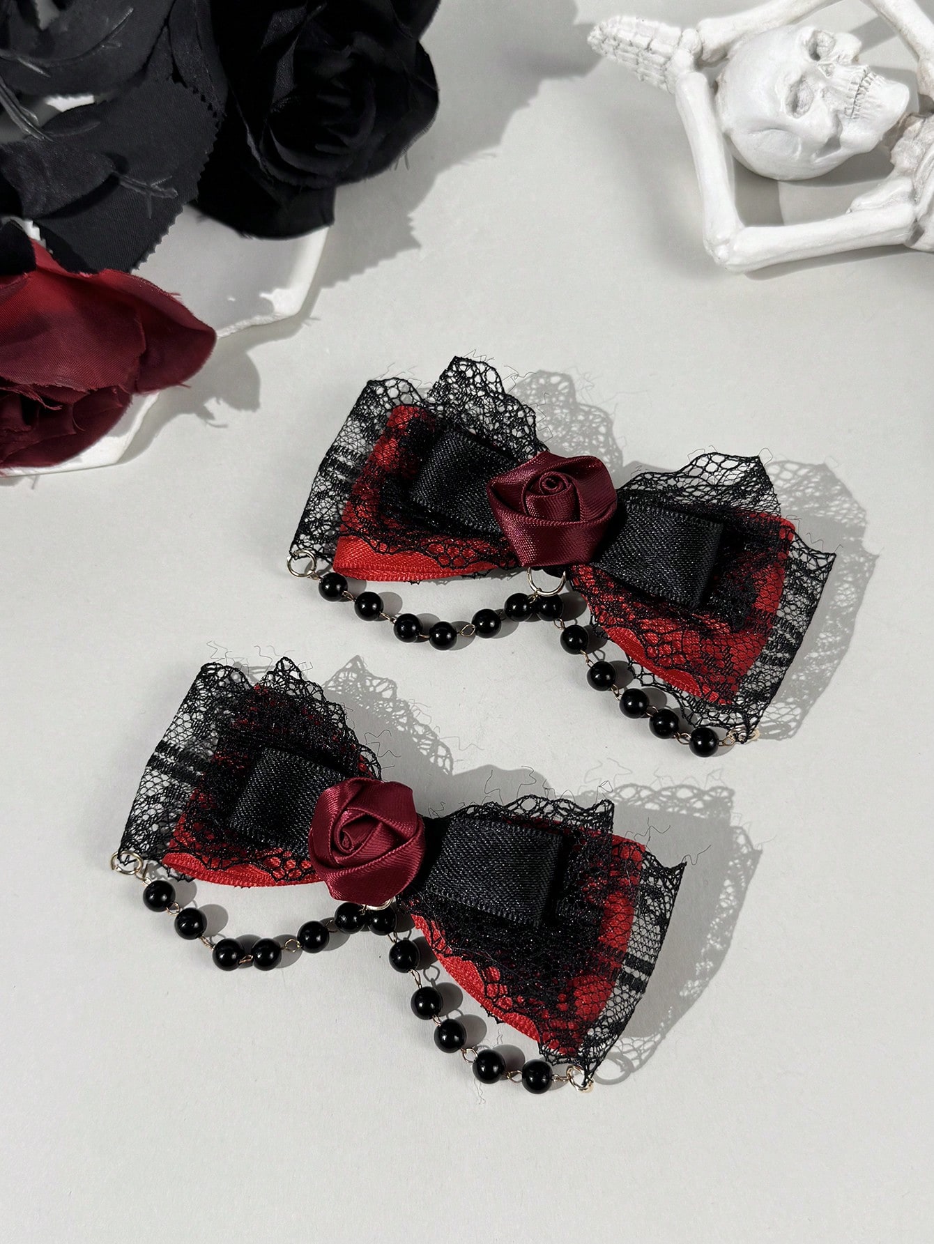 Lace Ribbon Trim - กิ๊บติดผมผู้หญิงแบบโบว์ประดับริบบิ้นลูกไม้สไตล์โกธิค 2 ชิ้น เหมาะสำหรับการจับคู่ชุดและสวมใส่ในชีวิตประจำวัน