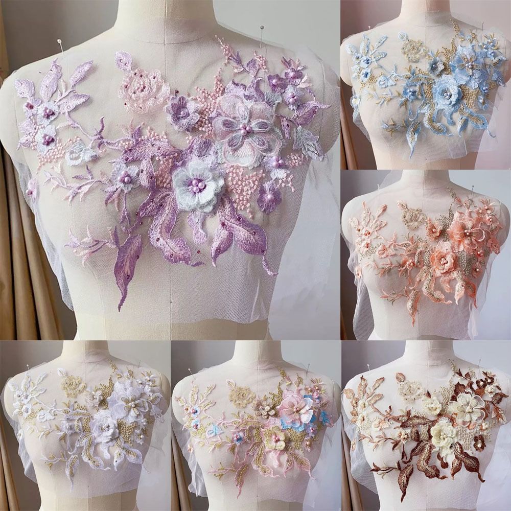Embellishments For Scrapbooking - 3D ดอกไม้ลูกปัดผ้าลูกไม้ Applique เย็บปักถักร้อยบนแพทช์สําหรับงานแต่งงานชุดราตรีเสื้อผ้าแพทช์ Scrapbooking