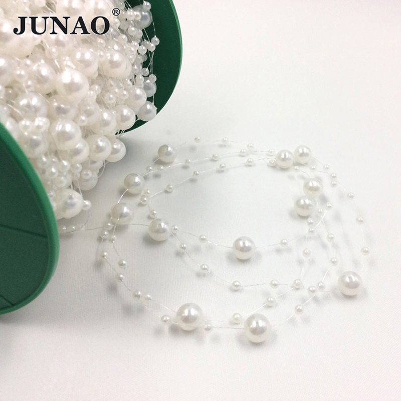 Pearl Trim Chain - ลูกปัดมุกกลมสีขาว JUNAO ขนาด 20 เมตร 3+8