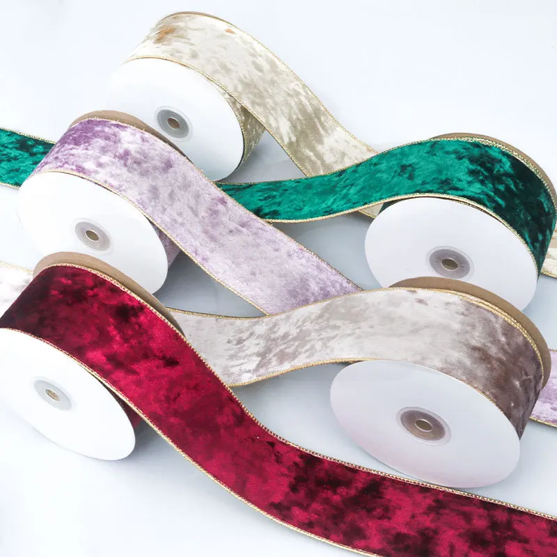 Velvet Ribbon Roll - 50 มม.ขอบ REVERSIBLE กํามะหยี่โลหะริบบิ้นสําหรับตกแต่งต้นคริสต์มาสโบว์ทําใหม่ปีห่อของขวัญ 10 หลาม้วน