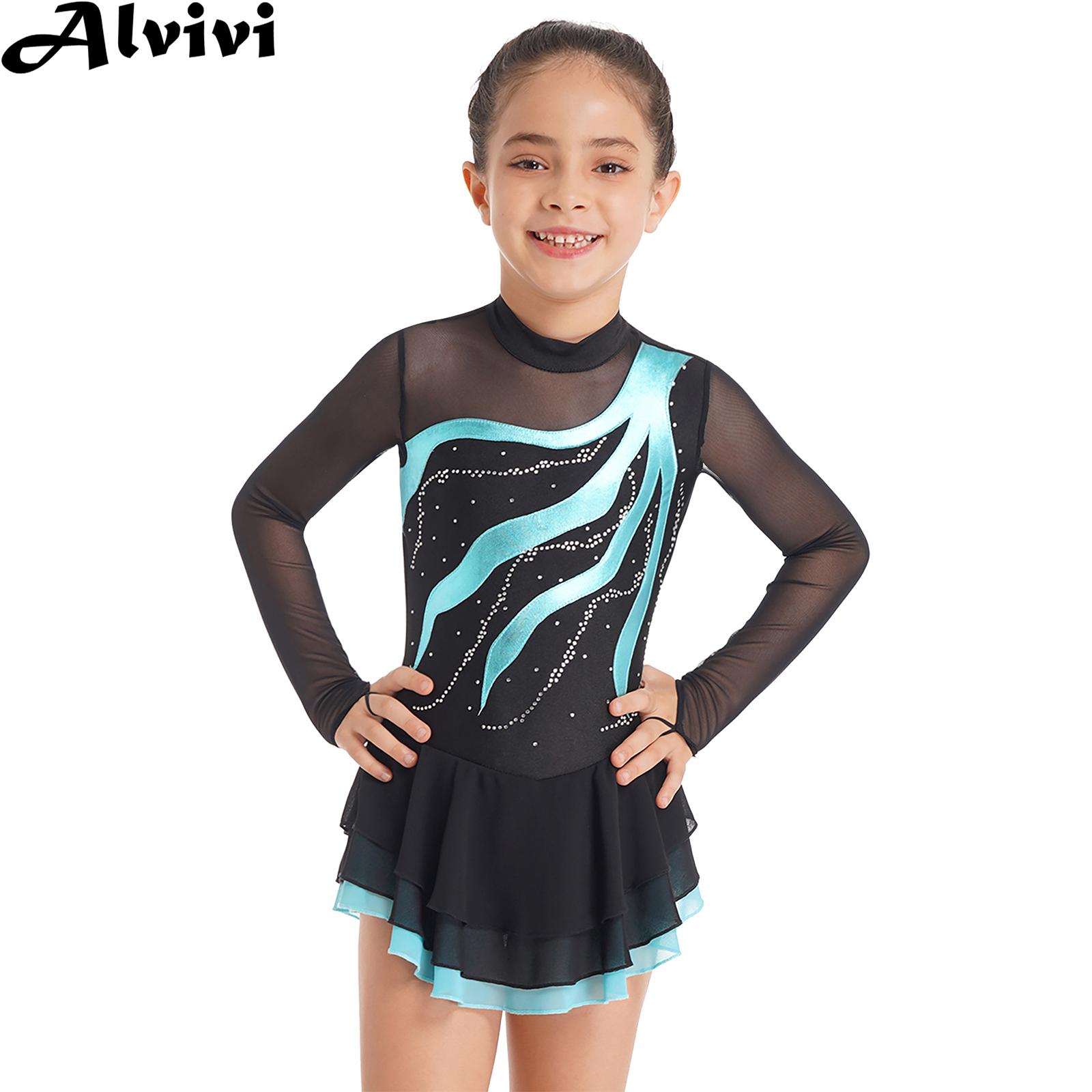 Rhinestone Banding Trim - หญิงรูปสเก็ตน้ำแข็งเสื้อผ้าบัลเล่ต์ Tutu Dance ยิมนาสติก Leotard ชุดกระโปรงแขนยาว