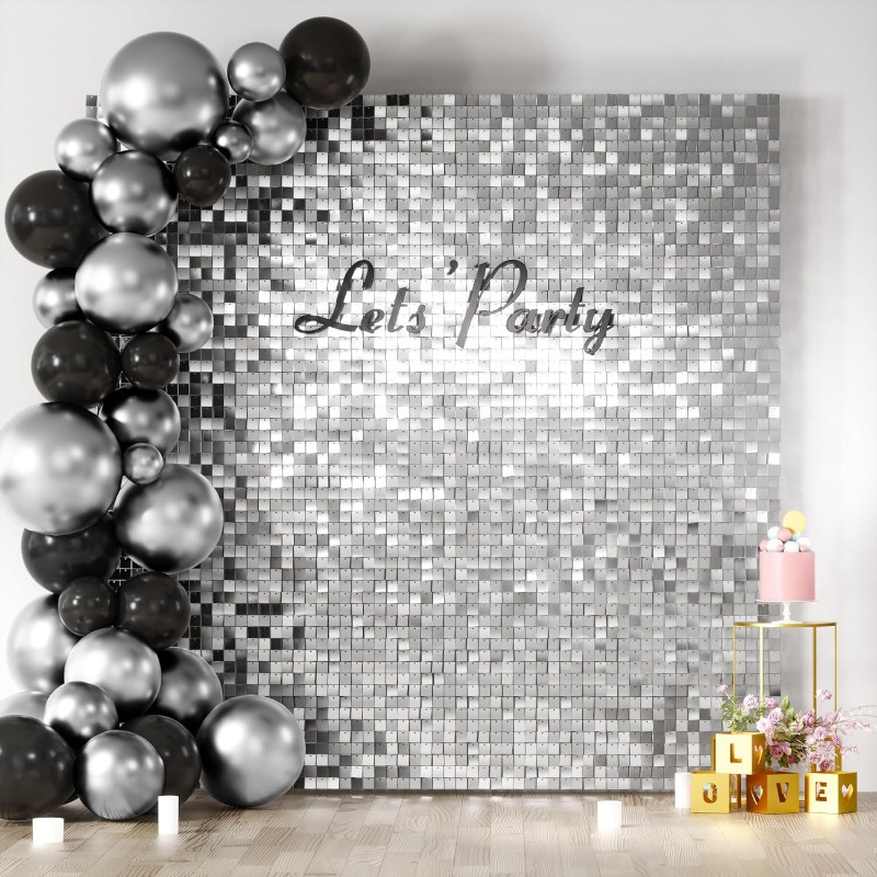 Sequin Fabric Panel - ฉากหลังผนังแบบมีประกายระยิบระยับ 12/16/18/24 ชิ้น แผงผนังสีเงินด้านประดับเลื่อมสี่เหลี่ยม ฉากหลังสำหรับงานปาร์ตี้ ฉากหลังสำหรับงานแต่งงาน