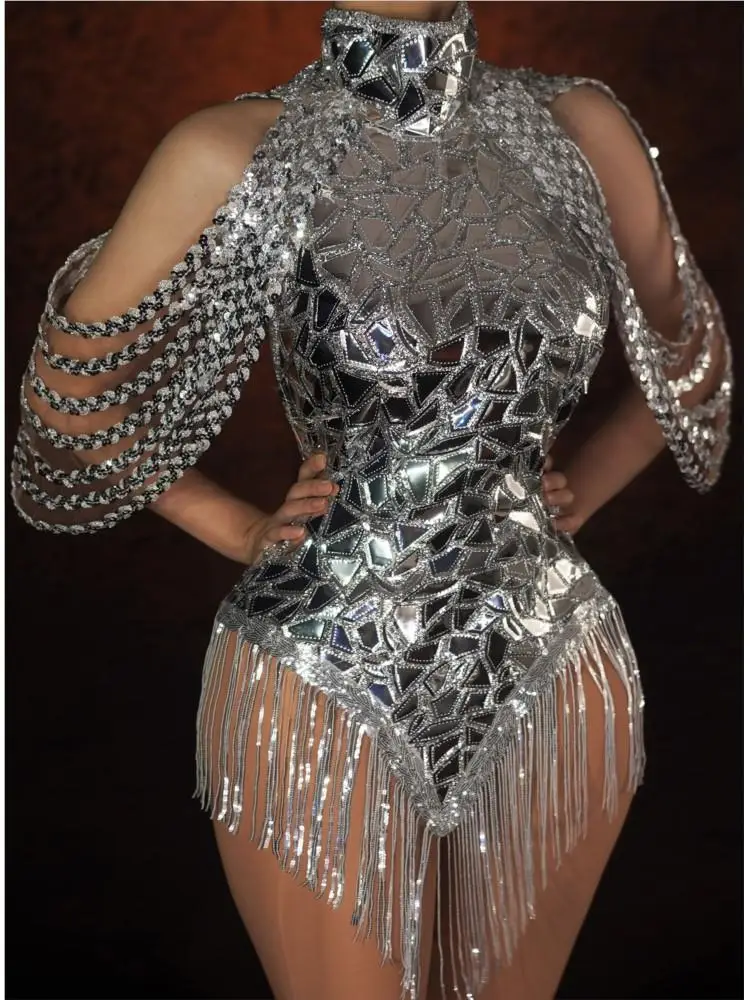 Rhinestone Banding Trim - ชุดบอดี้สูทมีขอบประดับเลื่อมสีเงินแวววาวประดับพลอยเทียมสำหรับนักร้องวันเกิด