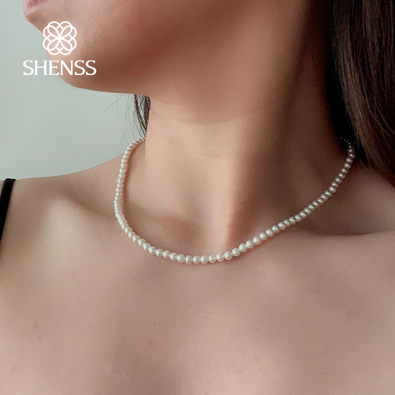 Pearl Trim Chain - Elegant 4มม.เปลือกหอยมุกสร้อยคอ40-60ซม.ขนาด925เงินสเตอร์ลิงหางสำหรับผู้หญิงคลาสสิก Brilliant light