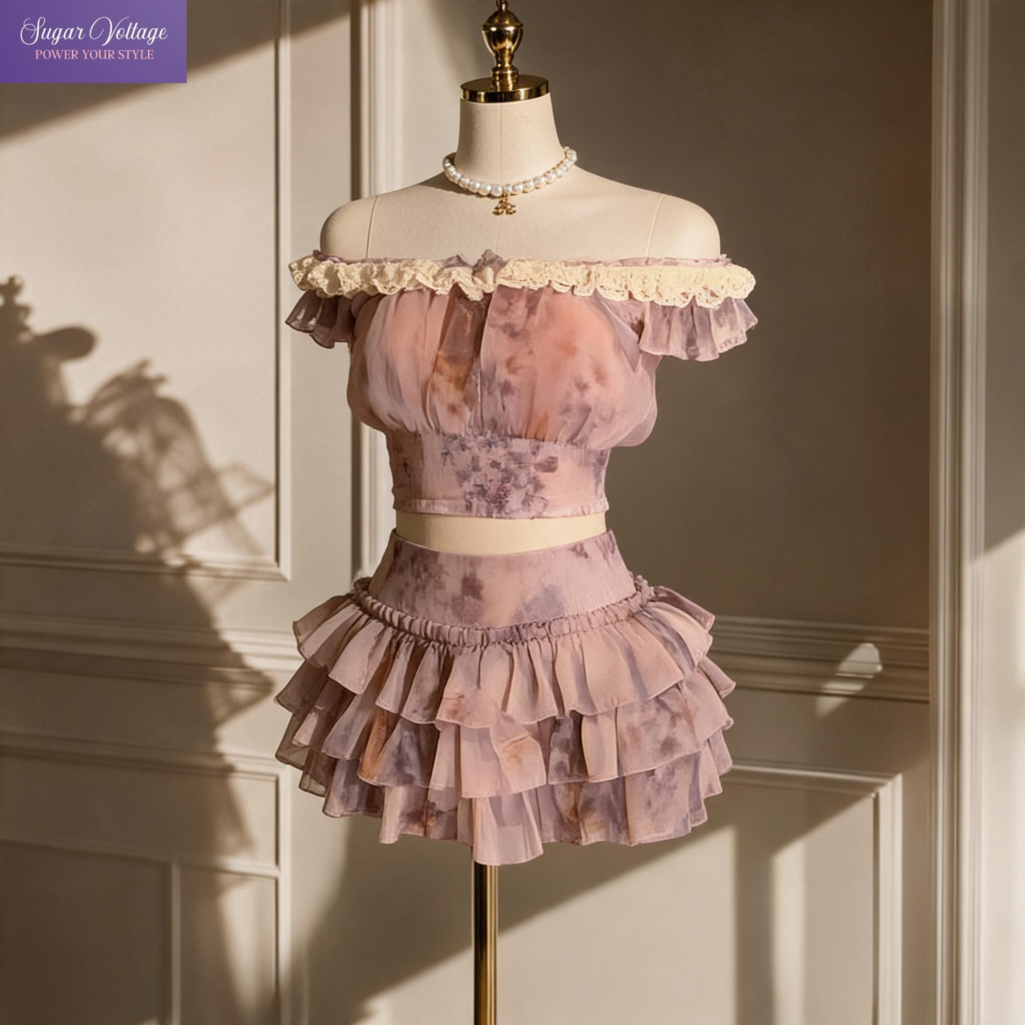 Elastic Lace Trim - ชุดเซ็ต 2 ชิ้นลายดอกไม้สไตล์ฝรั่งเศสแบบหวานซ่อนเปรี้ยว ตกแต่งด้วยลูกไม้ คอปาด แขนระบาย
