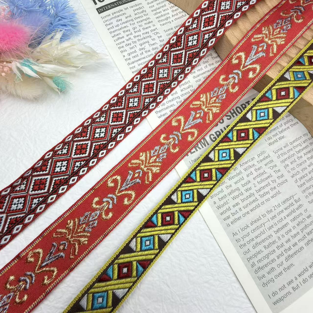 Lace Ribbon Trim - ริบบิ้นลูกไม้ลายเพชร 1 หลา, ริบบิ้นปักลายวินเทจสไตล์ชาติพันธุ์ สีแดงสำหรับชุดฮั่นฝู, ริบบิ้นเย็บปักถักร้อยแบบดั้งเดิม