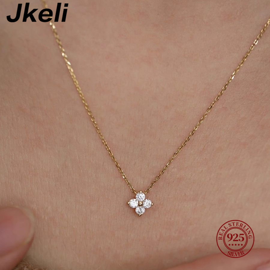 Pearl Trim Chain - Jkeli 925 เงินสเตอร์ลิงชุบ 14K gold four-leaf