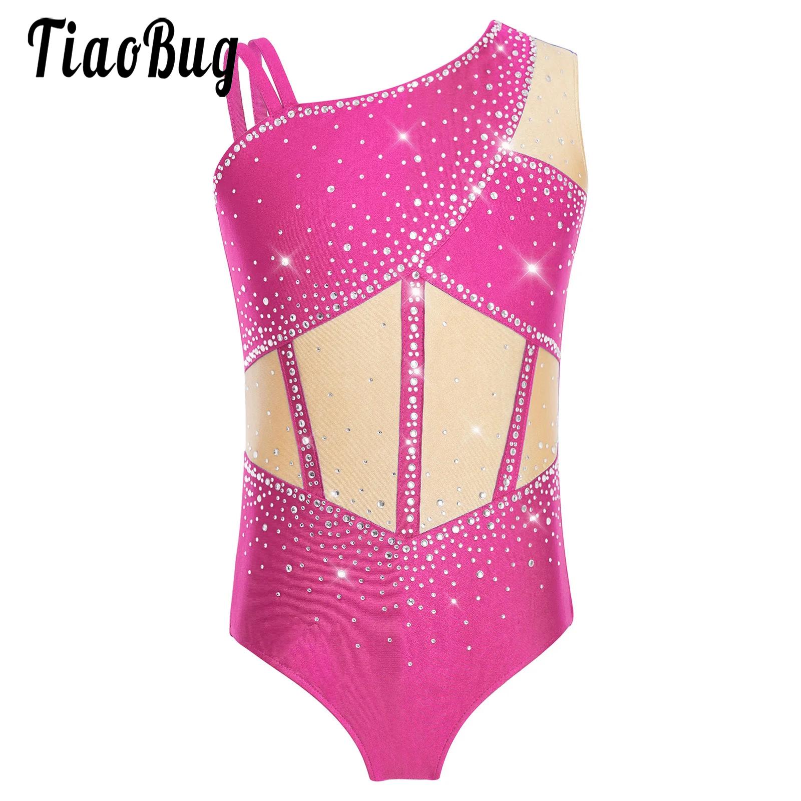 Rhinestone Banding Trim - ชุดเต้นรำสำหรับเด็กผู้หญิง ชุดฟิกเกอร์สเก็ต บัลเลต์ ยิมนาสติก แบบไม่มีแขน ทรงไม่สมมาตร