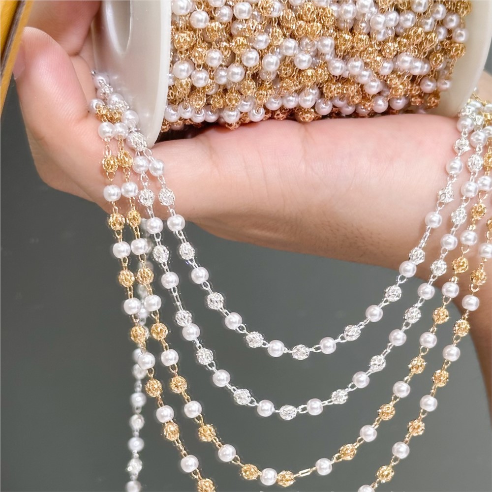Pearl Trim Chain - โซ่ทองเหลืองประดับมุกเทียมขนาด 0.5 เมตร/1 เมตร สำหรับทำเครื่องประดับ ลูกปัดทรงกลม