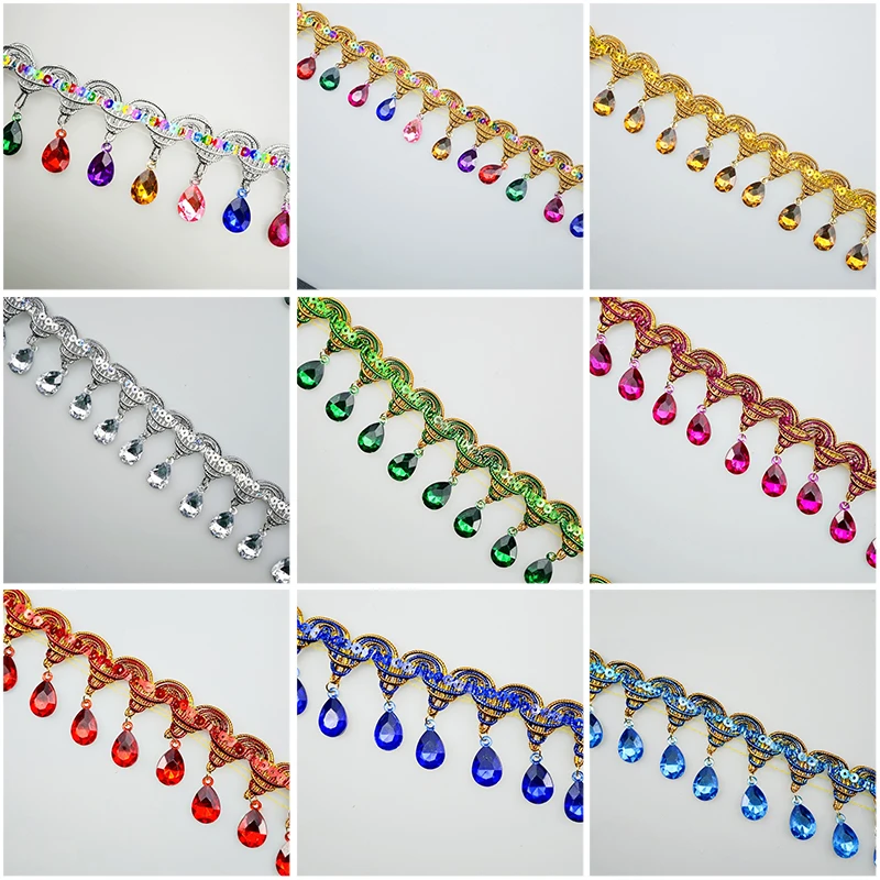Tassel Fringe Trim - ลูกไม้ประดับพู่ห้อยคริสตัลพร้อมจี้อะคริลิกทรงเจดีย์ กว้าง 45 มม. สำหรับชุดแต่งงาน งานเย็บปักถักร้อย