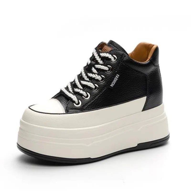 Guipure Lace Panel - 9 ซม.วัวหนังนิ่มของแท้หนังผู้หญิง Vulcanized รองเท้าแพลตฟอร์ม WEDGE High