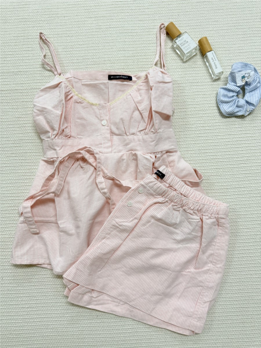 ชุดเซ็ตเสื้อกล้ามลายทางสีชมพูแ - Elastic Lace Trim บทวิจารณ์และราคา