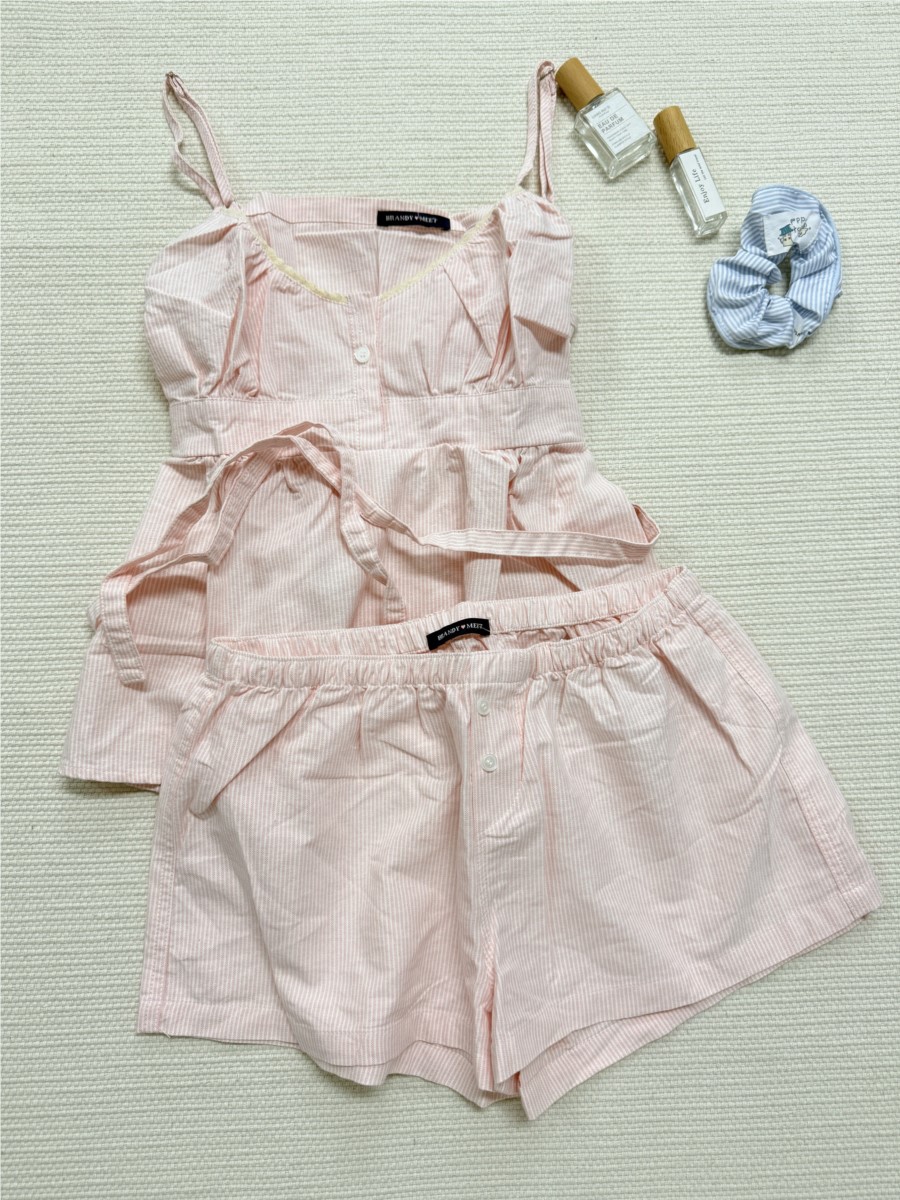 ชุดเซ็ตเสื้อกล้ามลายทางสีชมพูแ - Elastic Lace Trim บทวิจารณ์และราคา