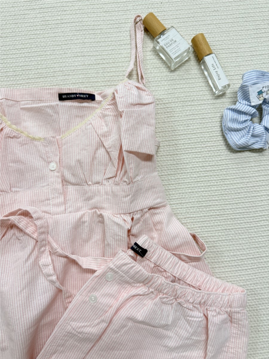 ชุดเซ็ตเสื้อกล้ามลายทางสีชมพูแ - Elastic Lace Trim บทวิจารณ์และราคา