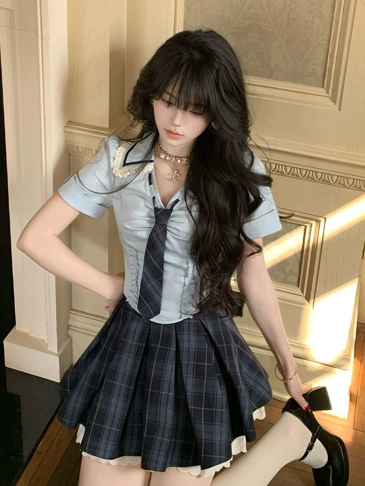 ชุดเซ็ต 2 ชิ้น สไตล์ Preppy Y2 - Elastic Lace Trim บทวิจารณ์และราคา