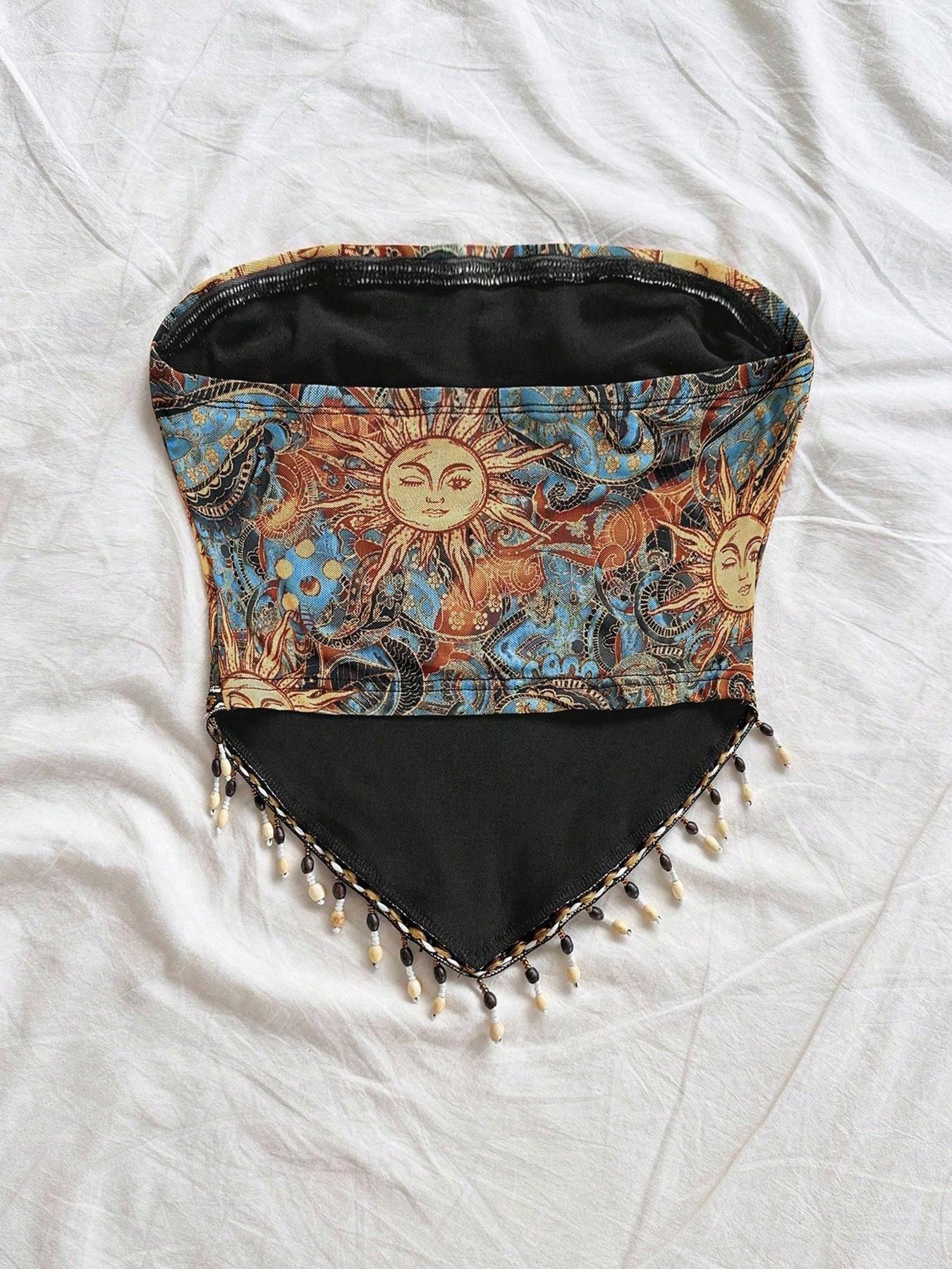 เสื้อเกาะอกผ้าตาข่ายพิมพ์ลายสำ - Beaded Trim Fringe บทวิจารณ์และราคา