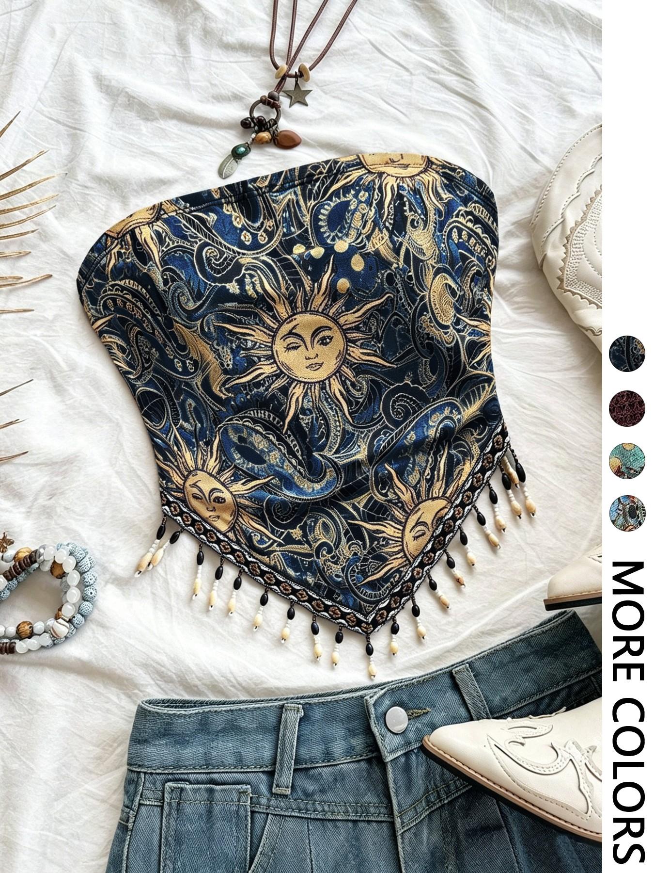 เสื้อเกาะอกผ้าตาข่ายพิมพ์ลายสำ - Beaded Trim Fringe บทวิจารณ์และราคา