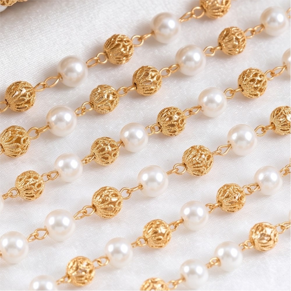 โซ่ทองเหลืองประดับมุกเทียมขนาด - Pearl Trim Chain บทวิจารณ์และราคา